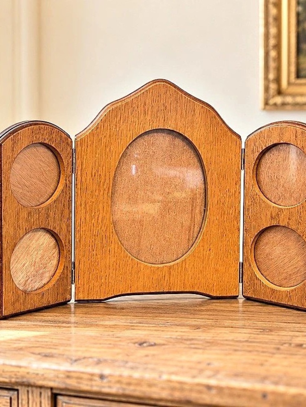 Vintage Wooden Tri Fold Photo Frame
